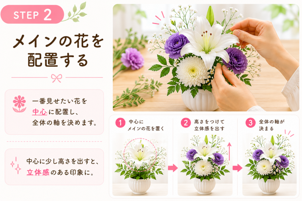 プリザーブドフラワー仏花の作り方STEP2の図解