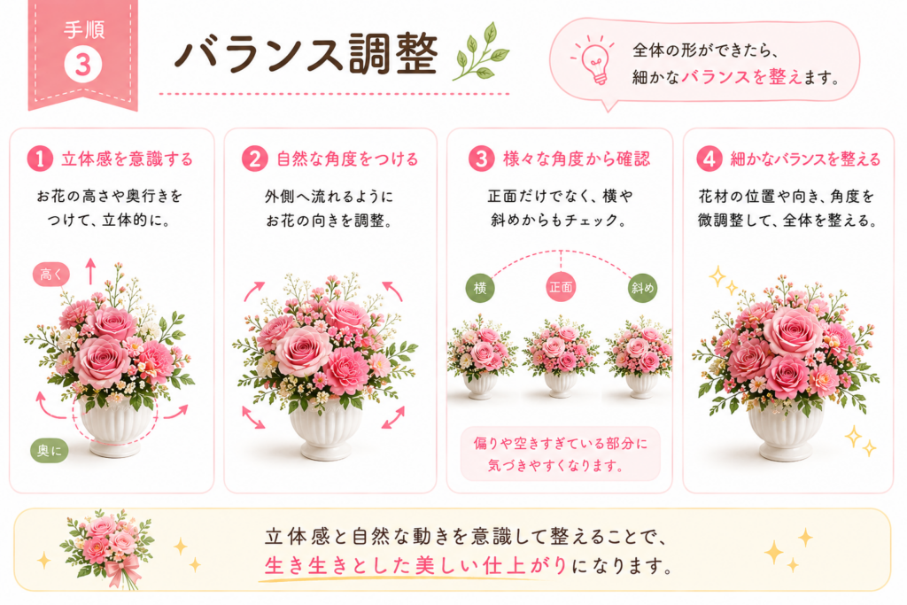 フラワーアレンジメントの作り方ステップ3の図解