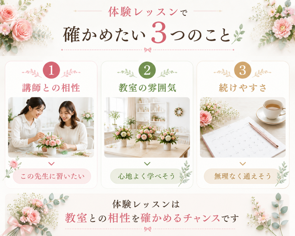 体験レッスンで確認すべき3つのポイントに関する図解