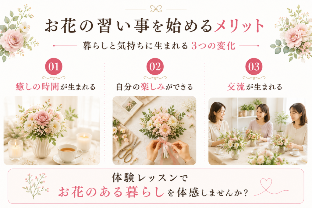 お花の習い事を始めるメリットを解説する図解