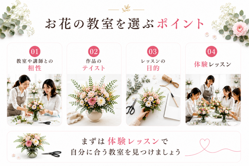 お花の教室を選ぶポイントに関する図解
