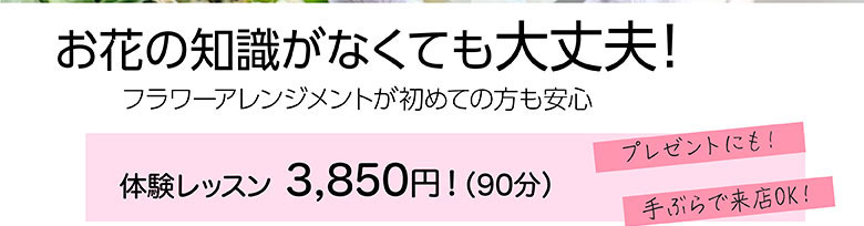 お花の知識がなくても大丈夫!フラワーアレンジメントが初めての方も安心 体験レッスン 3,850円! (90分)プレゼントにも!手ぶらで来店OK!